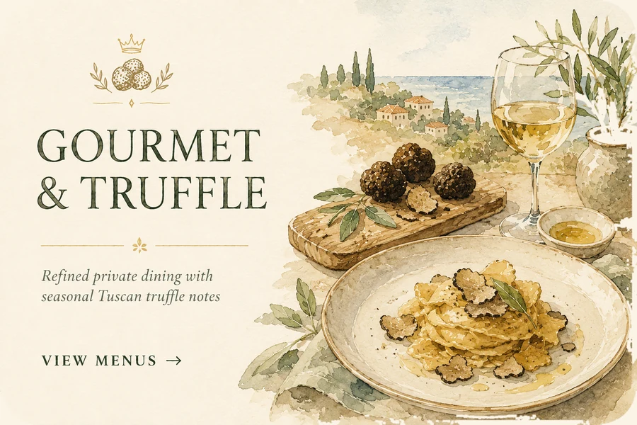 Watercolor Gourmet and Truffle card with truffles, pasta and white wine.