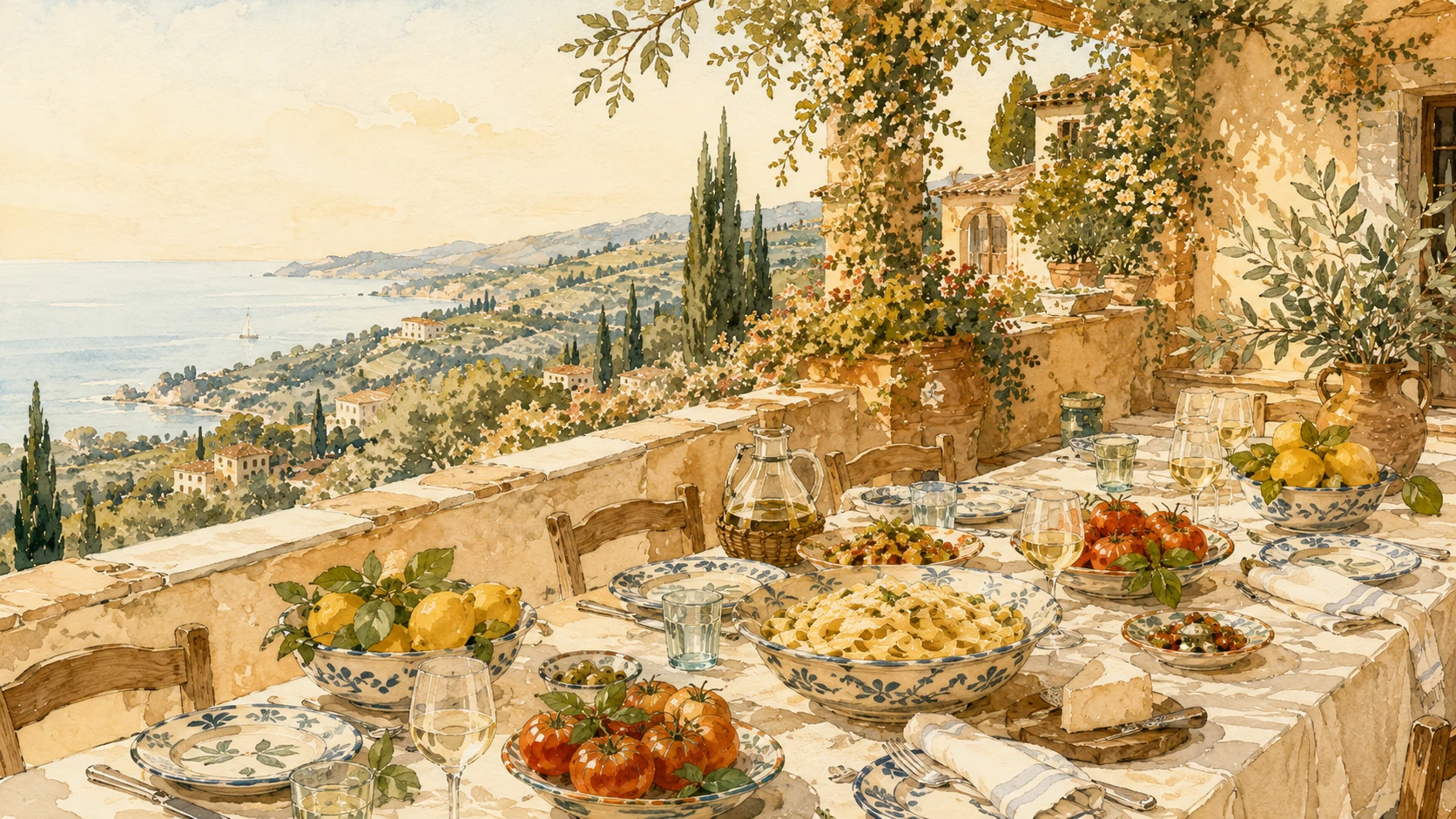 Watercolor terrace table in Tuscany with pasta, lemons, tomatoes, wine and a coastal landscape.