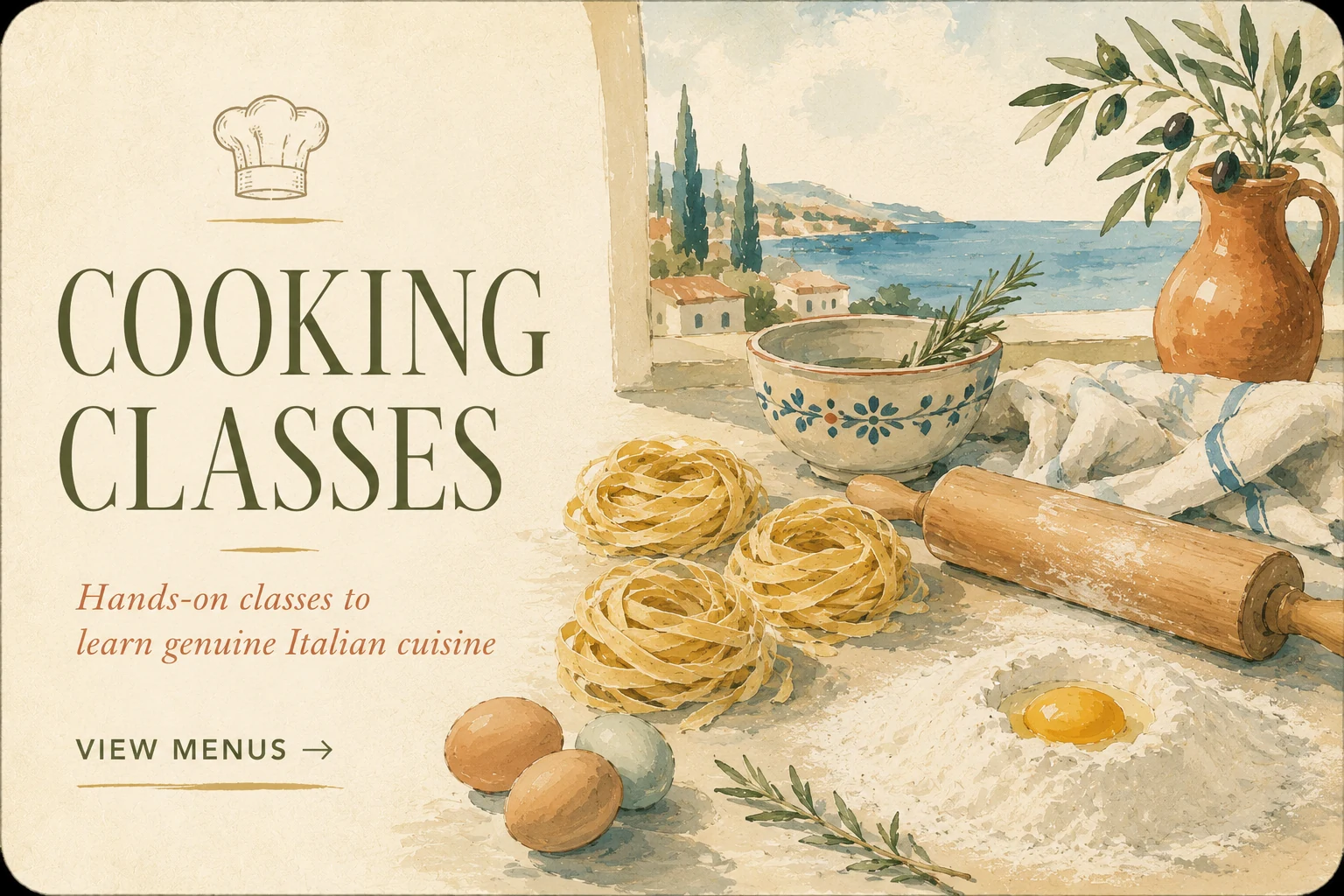 Watercolor Tuscan cooking class scene with handmade pasta, eggs, rolling pin, olive branch and coastal villa landscape.